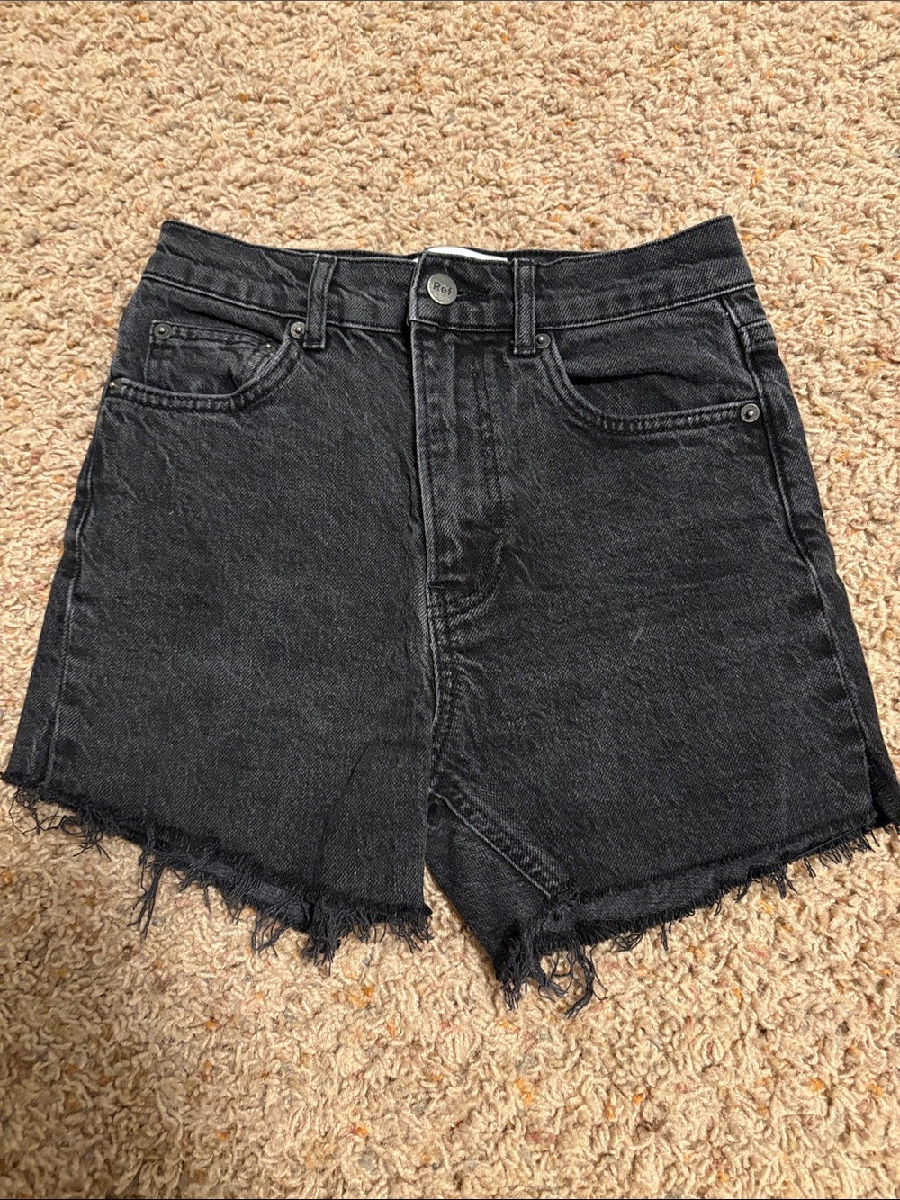 Reformation Black Frayed Hem High-Rise Denim Shorts